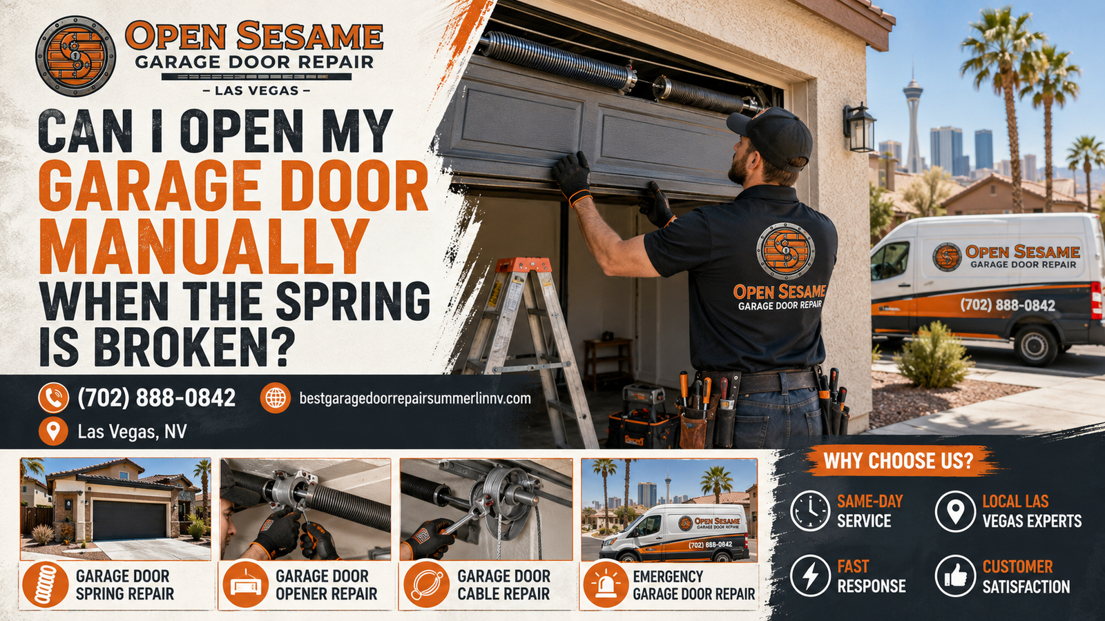 Can a garage door be opened manually with a broken spring in Las Vegas