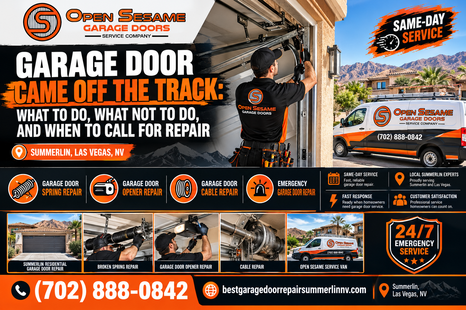 Open Sesame Garage Door technician inspecting a residential garage door that came off the track in Summerlin Las Vegas