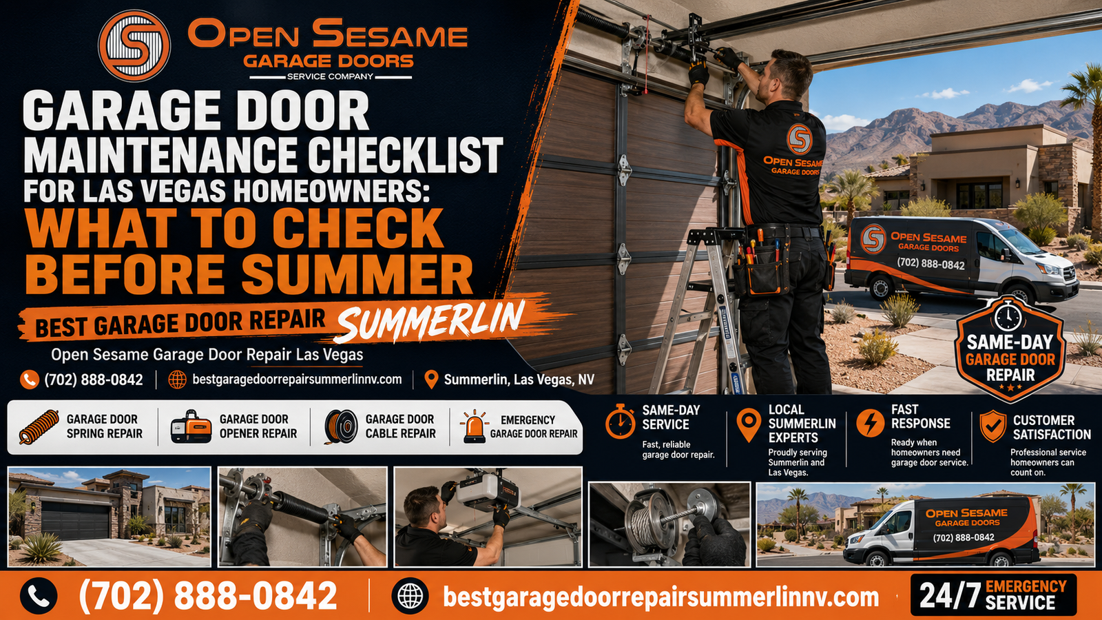 Open Sesame Garage Door technician performing pre-summer garage door maintenance at a Summerlin Las Vegas home