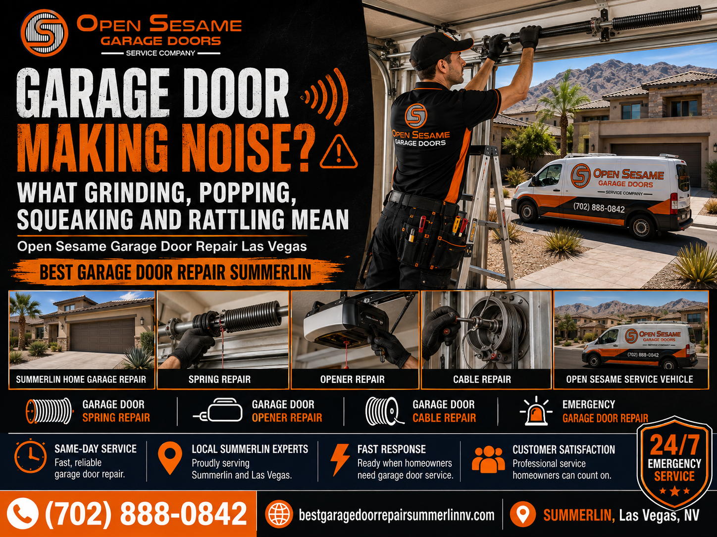 Open Sesame Garage Door technician inspecting a noisy residential garage door in Summerlin Las Vegas