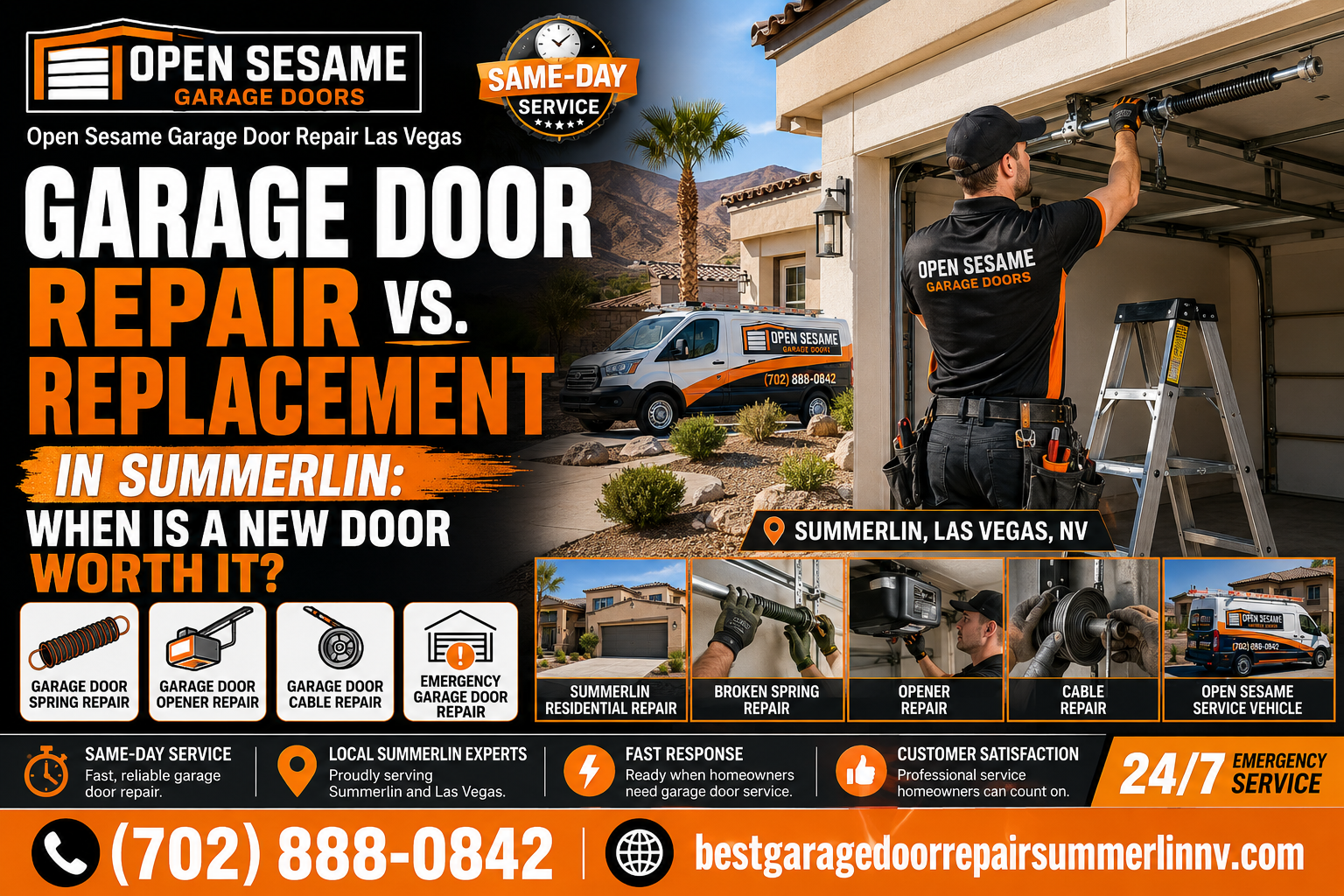 Open Sesame Garage Door guide comparing garage door repair and replacement for Summerlin homeowners