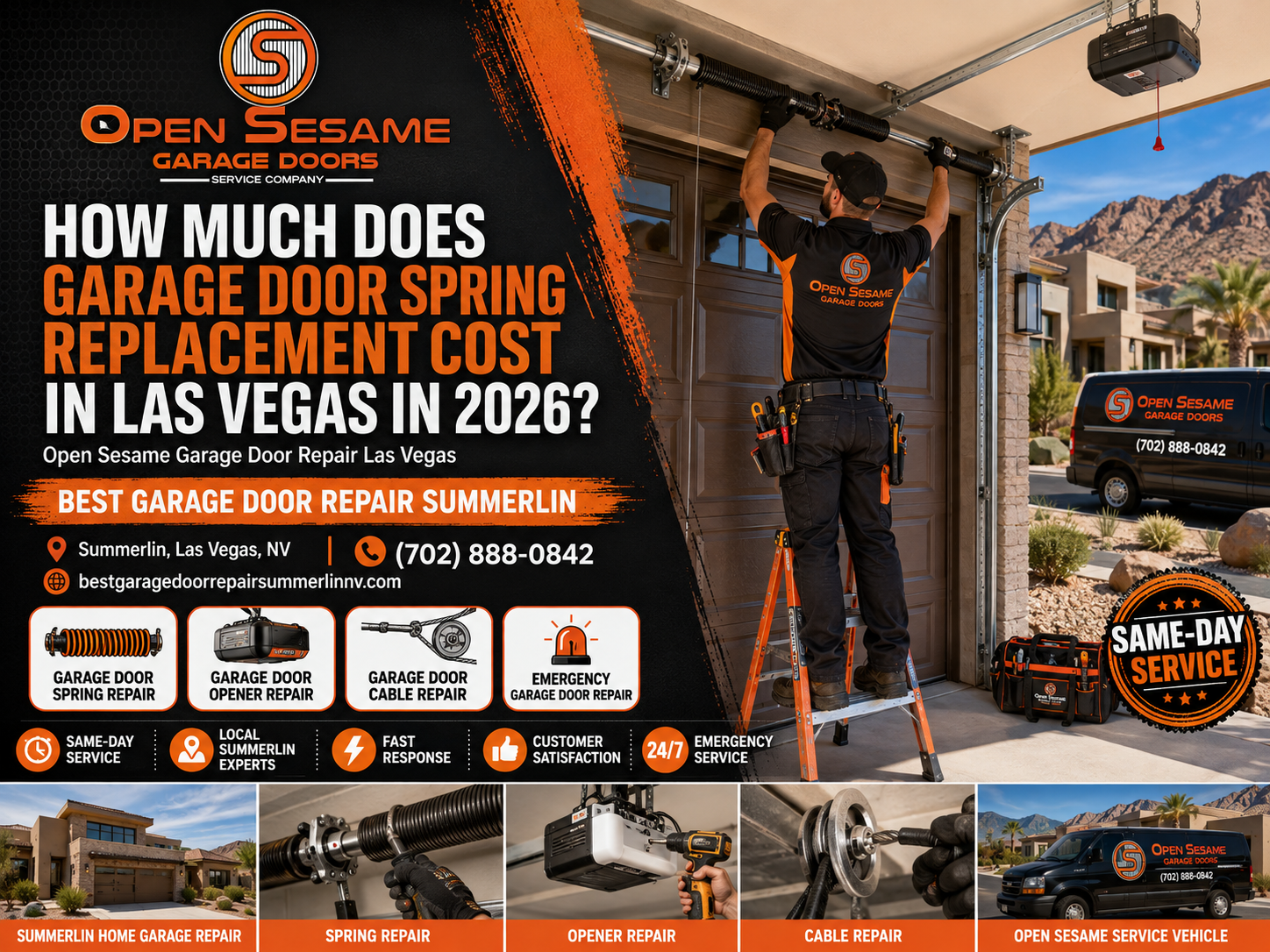 Open Sesame Garage Door technician replacing a torsion spring at a Summerlin Las Vegas home