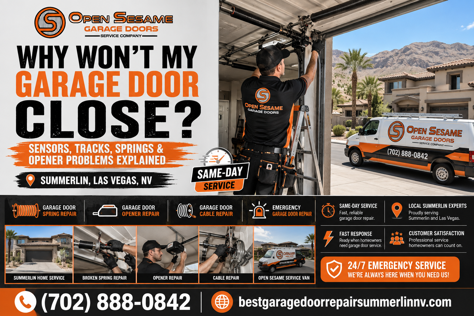 Open Sesame Garage Door technician diagnosing a garage door that will not close at a Summerlin Las Vegas home