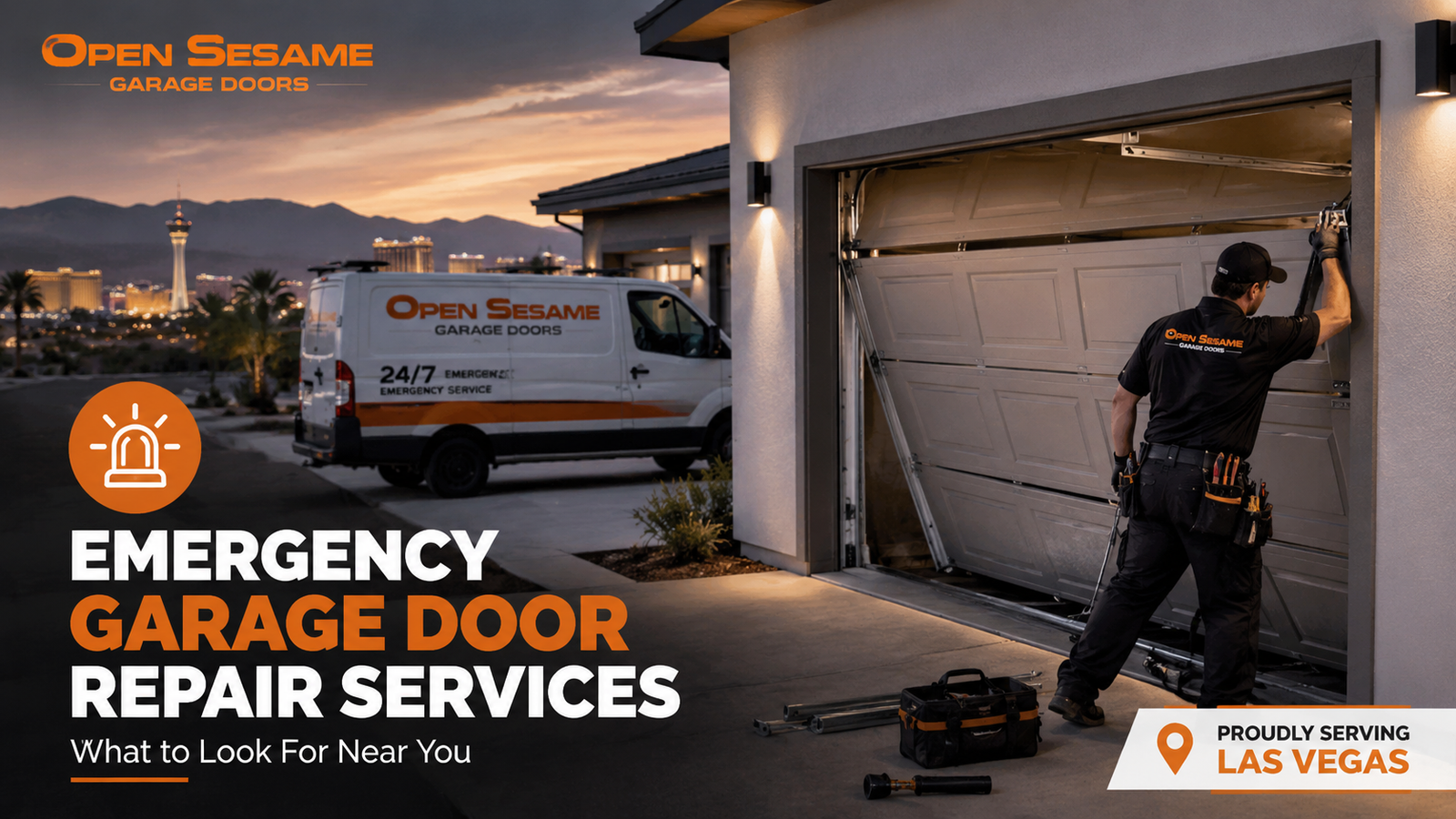 Technician inspecting garage door components during an emergency repair evaluation in Las Vegas