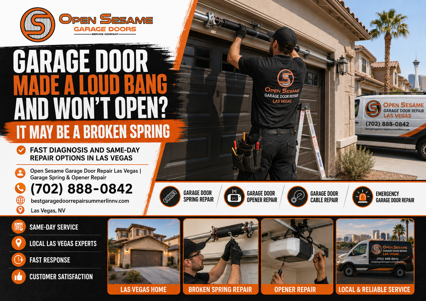 Garage door made a loud bang and won’t open after broken spring in Las Vegas