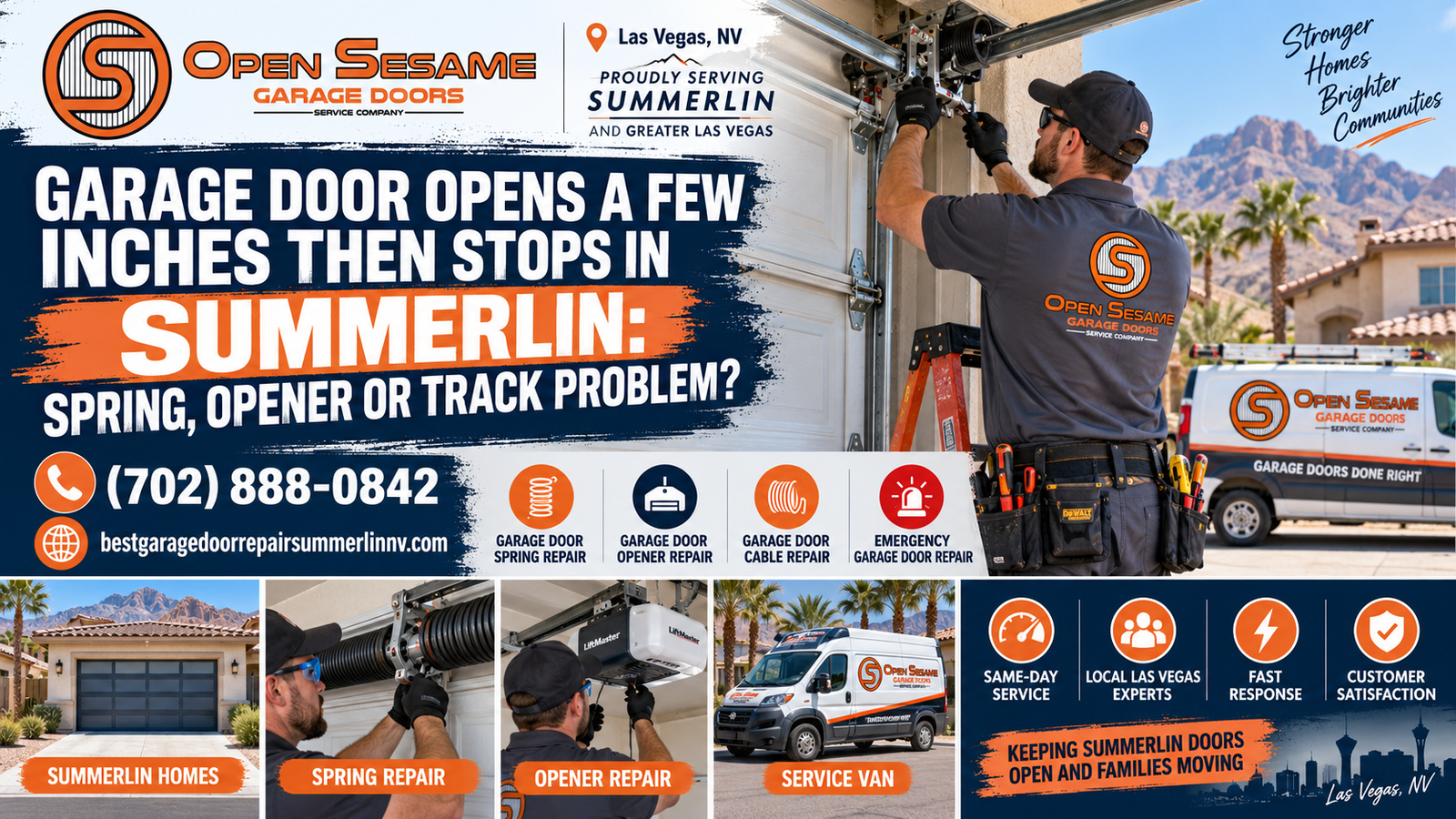 Garage door opens a few inches then stops in Summerlin spring opener or track troubleshooting guide