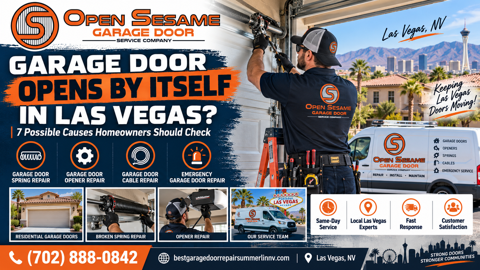 Garage door opening by itself at a Las Vegas home while a technician checks the opener controls
