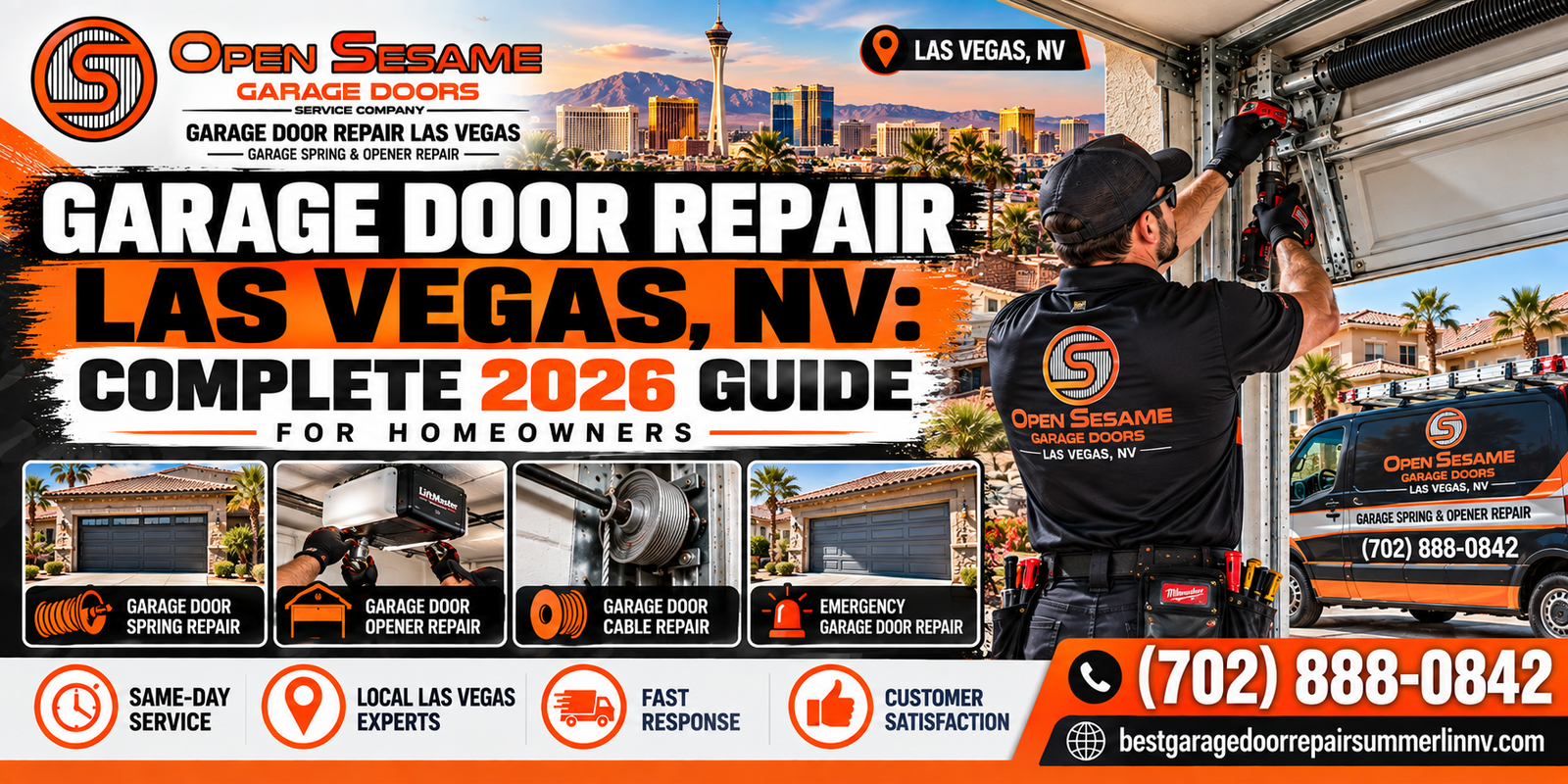 Open Sesame Garage Door Repair Las Vegas technician repairing a garage door torsion spring and track with the Las Vegas skyline behind, showing spring, opener, cable, and emergency garage door repair services in Las Vegas, NV