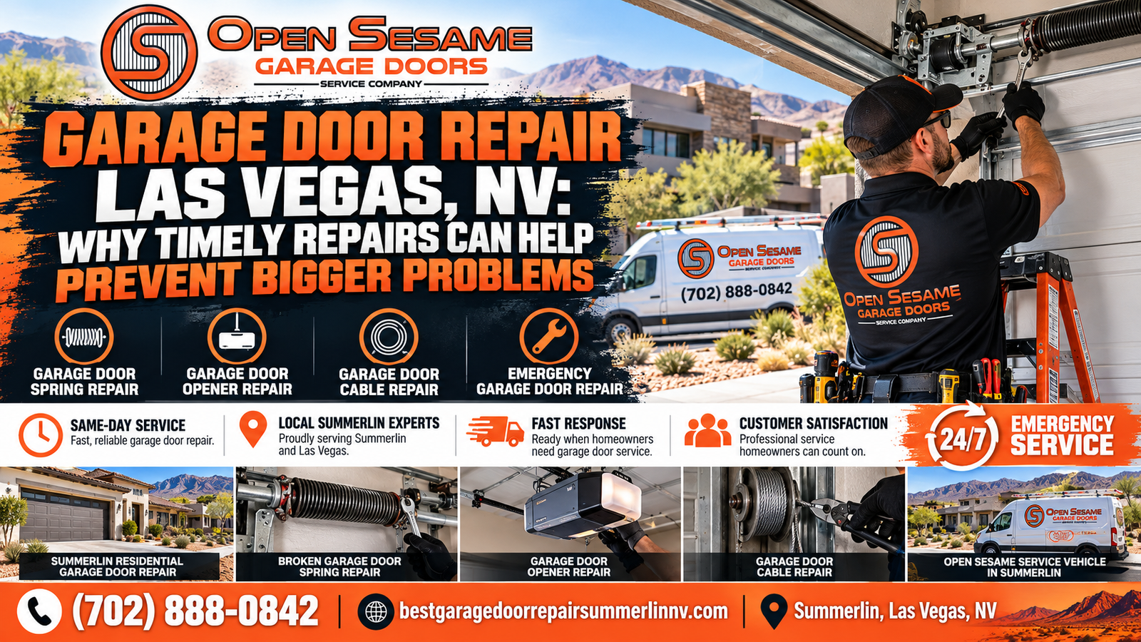 Garage door technician inspecting springs, cables, and safety sensors on a residential garage door in a Summerlin, Las Vegas, NV master-planned neighborhood, illustrating how timely garage door repair improves safety, security, and reliability