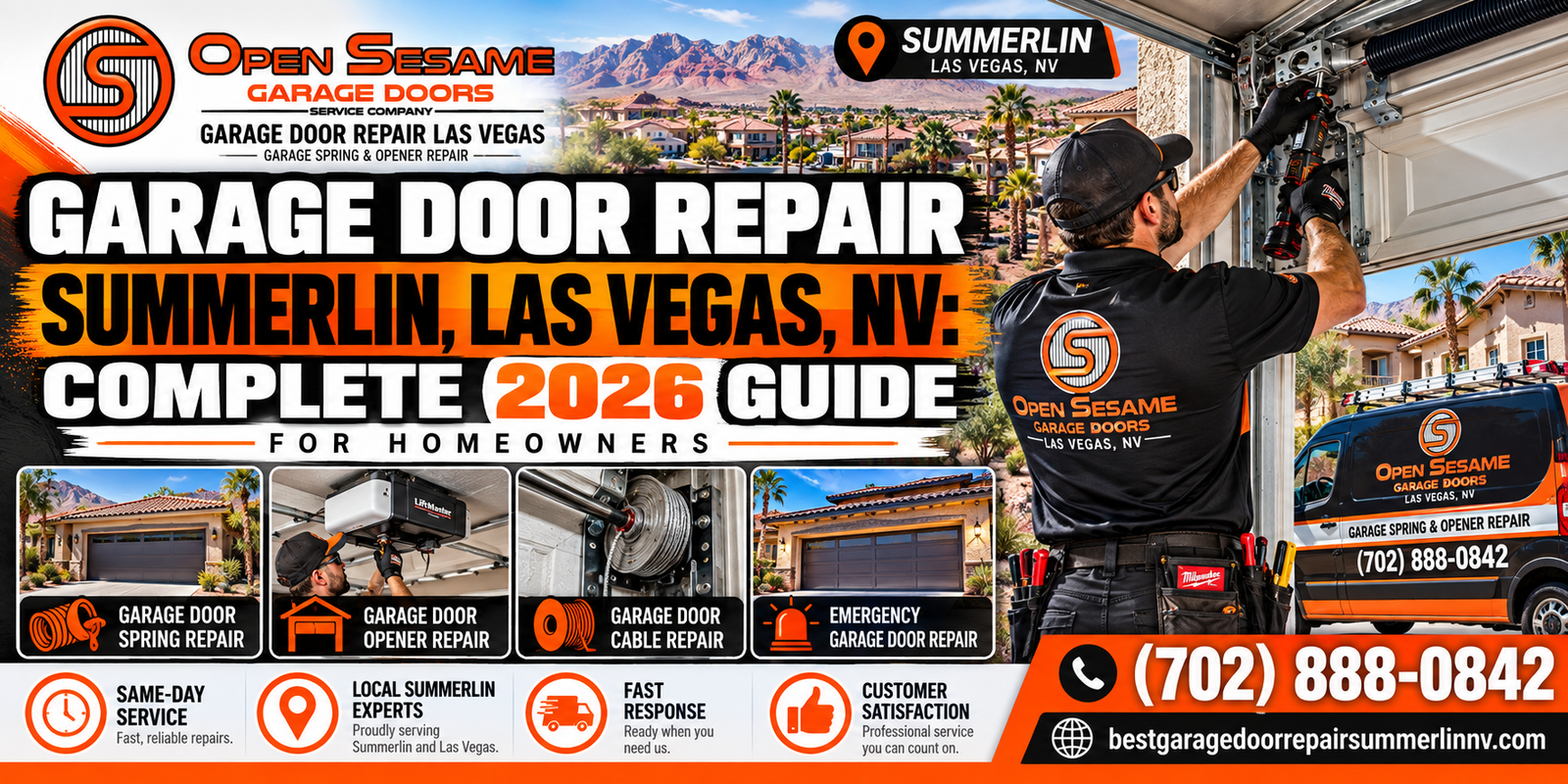 Open Sesame Garage Door Repair Las Vegas technician servicing a residential garage door in a Summerlin, Las Vegas, NV master-planned neighborhood, showing spring, opener, cable, roller, and safety sensor repair for Summerlin homeowners