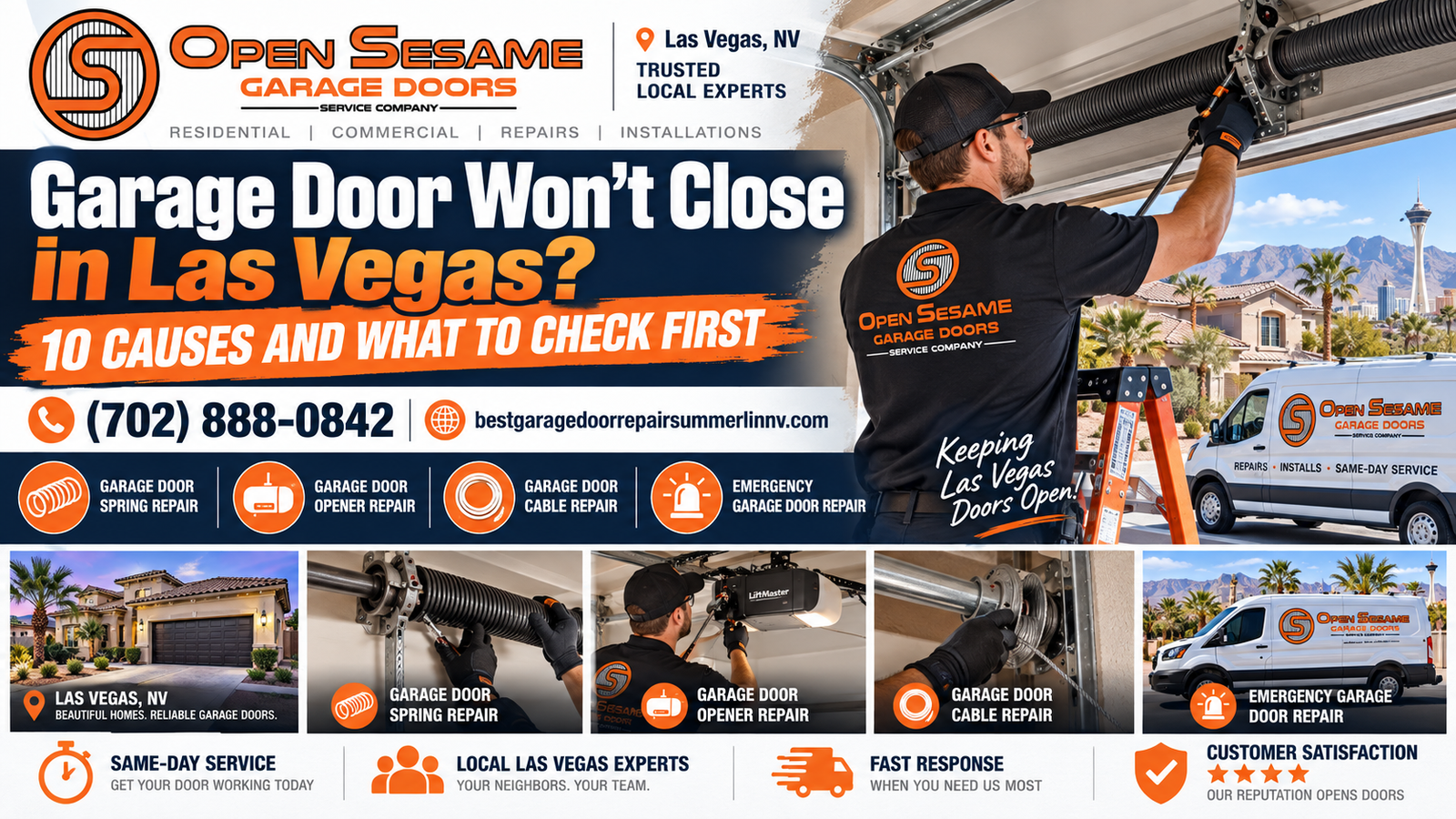 Garage door won’t close at a Las Vegas home with technician checking the problem