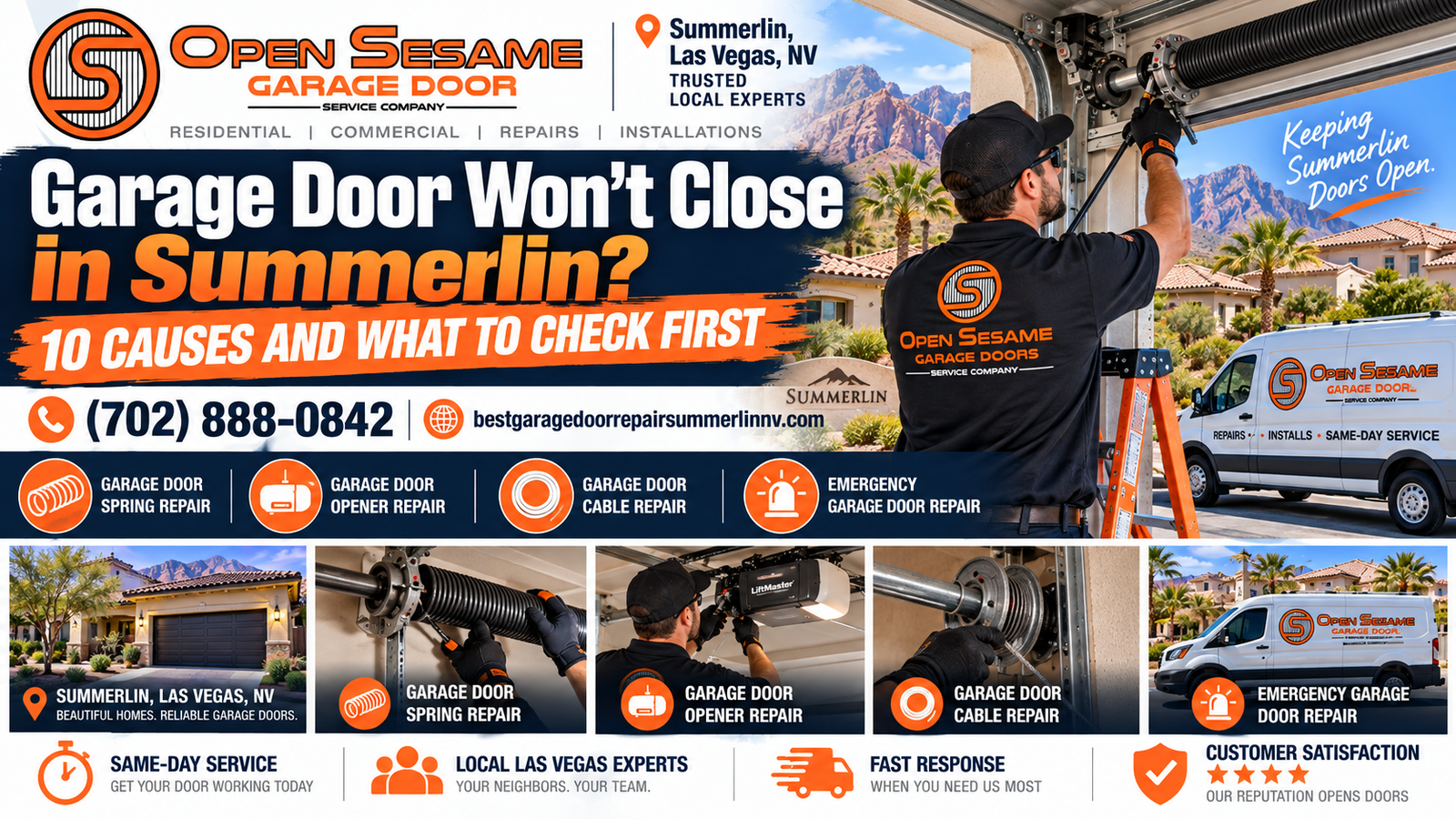 Garage door won’t close at a Summerlin home in Las Vegas with technician inspecting the problem