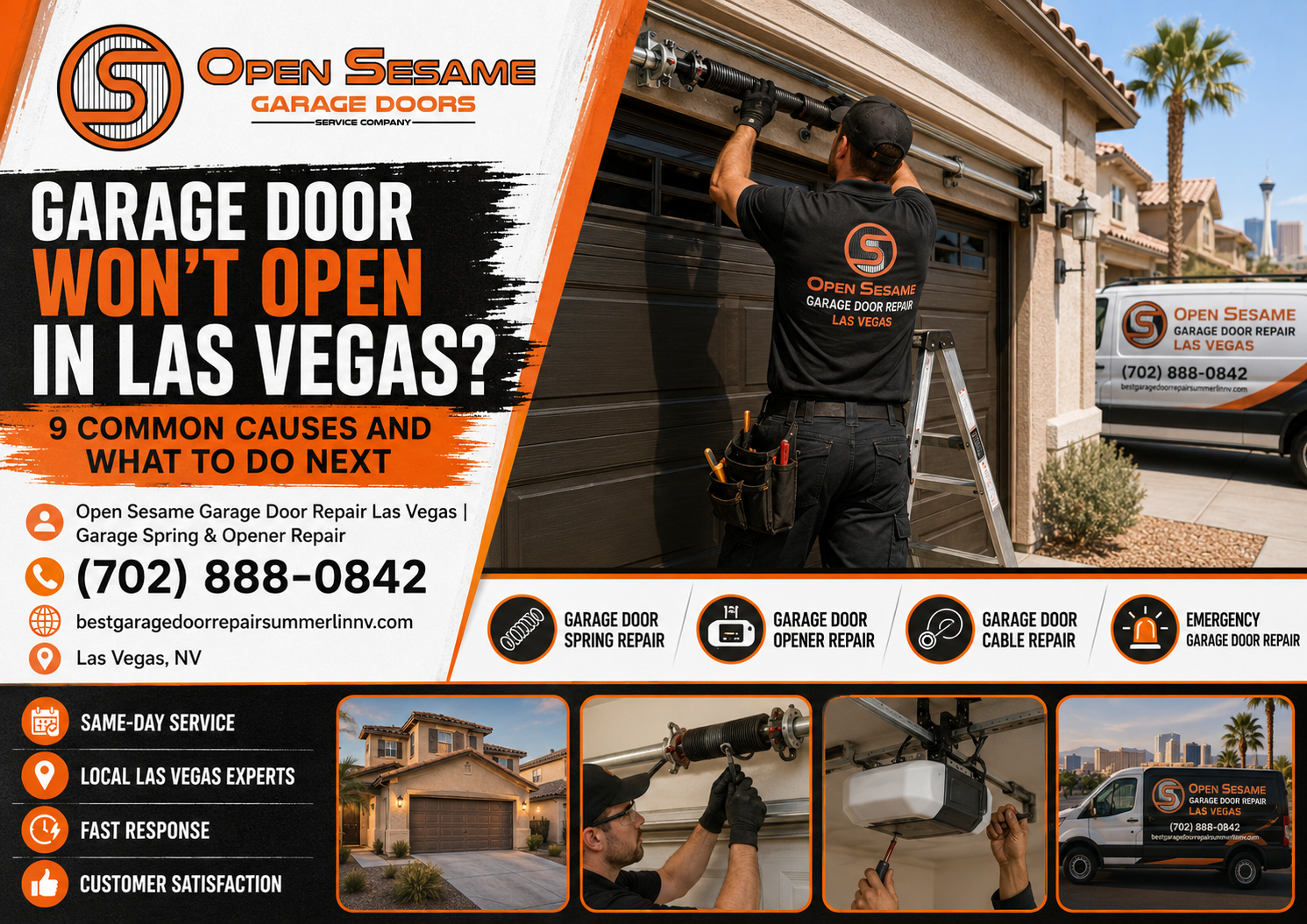 Garage door won’t open in Las Vegas with Open Sesame technician diagnosing residential garage door