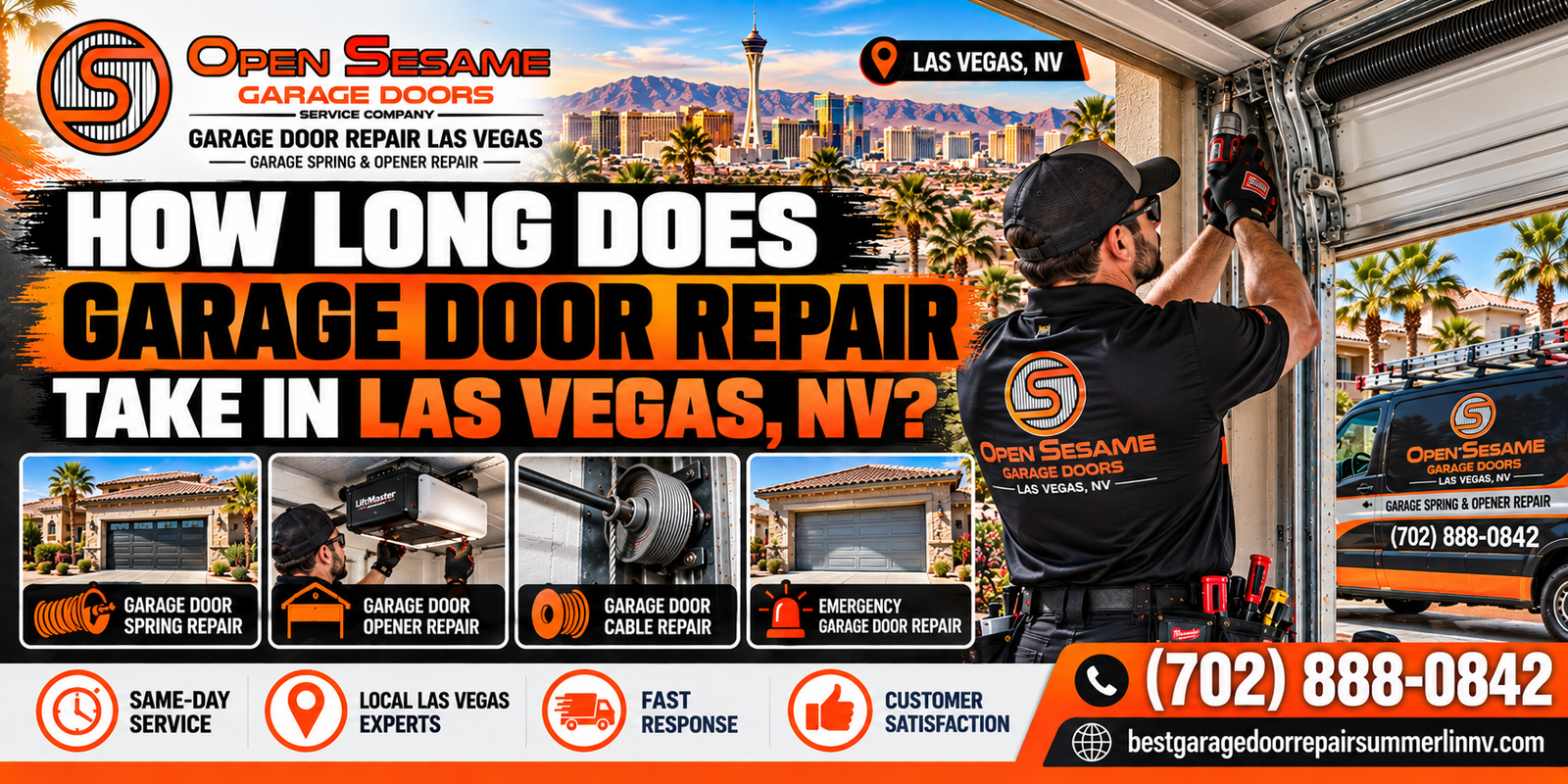 Garage door technician working on a residential garage door in Las Vegas, NV, illustrating how long common garage door repairs take