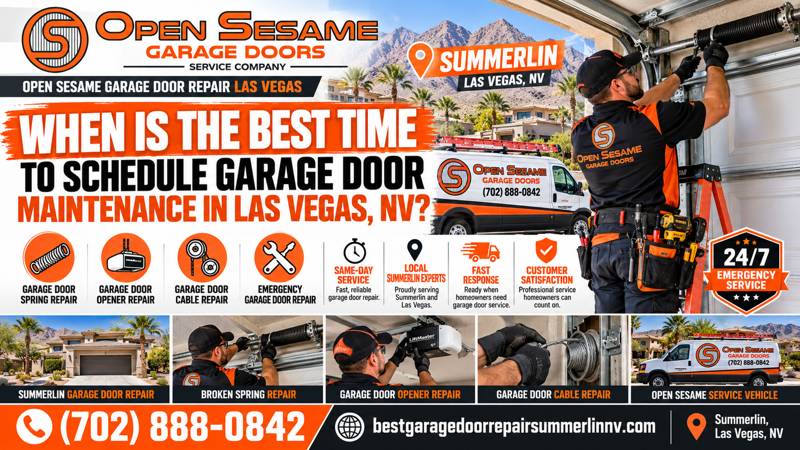 Residential garage door in the Las Vegas desert with a seasonal maintenance theme, illustrating the best time of year to schedule garage door maintenance in Las Vegas, NV