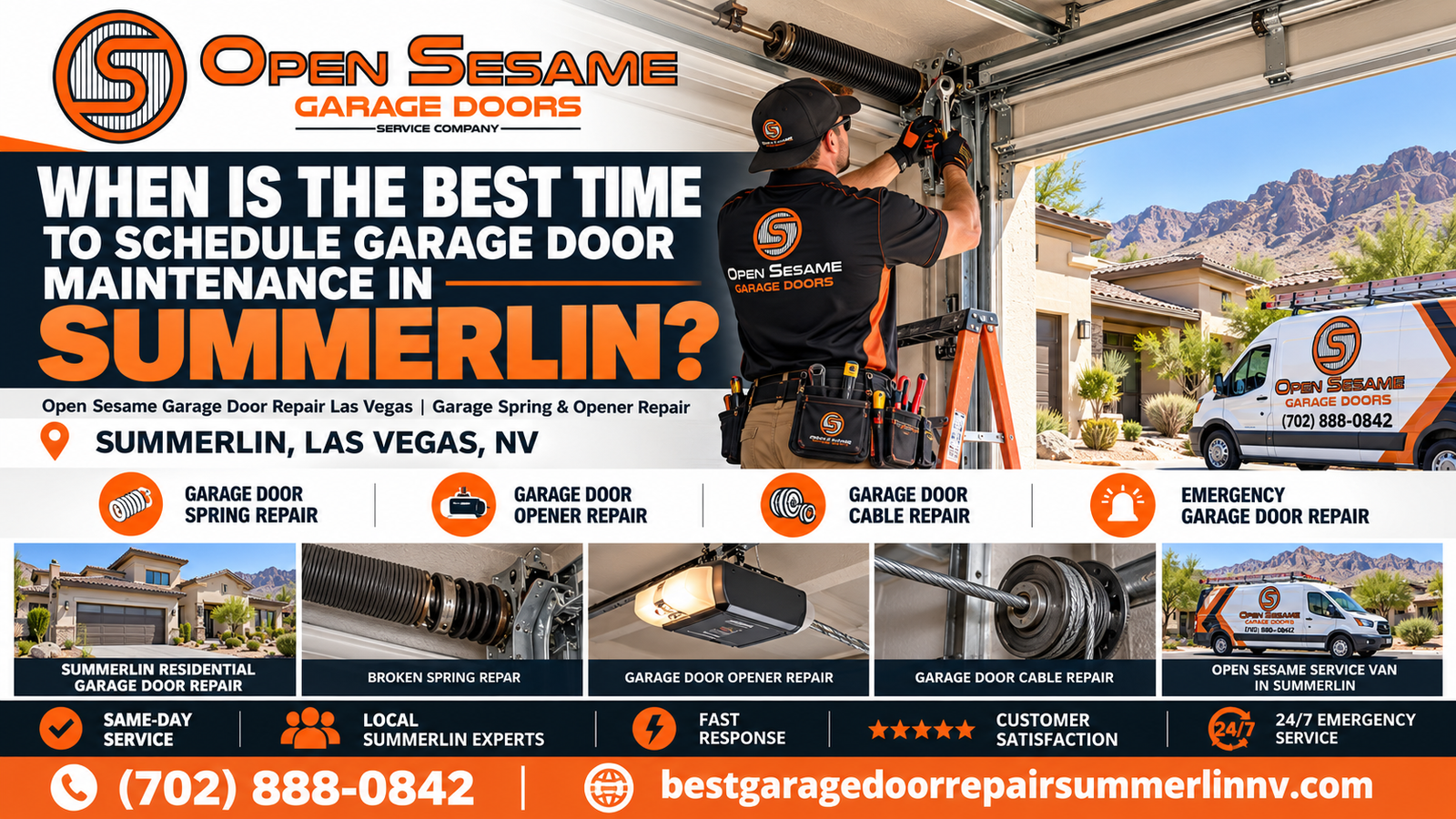 Residential garage door in a Summerlin west-side neighborhood with a seasonal maintenance theme, illustrating the best time of year to schedule garage door maintenance in Summerlin