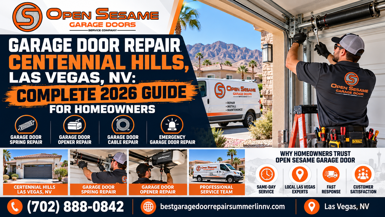 Garage door repair in Centennial Hills, Las Vegas, NV: complete 2026 guide for homeowners covering springs, cables, openers, sensors, and seals