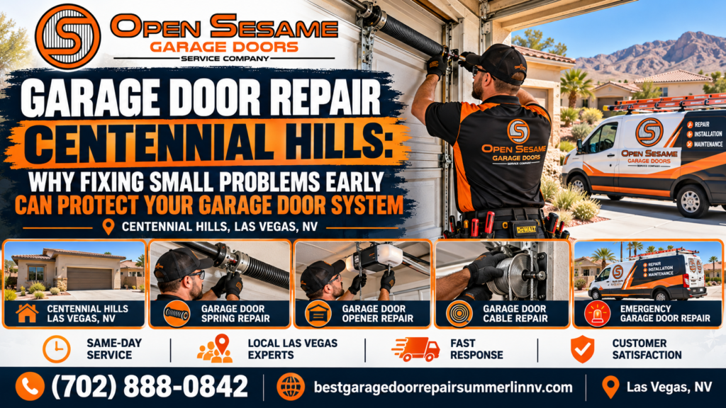 Garage door technician inspecting springs and cables at a Centennial Hills home in northwest Las Vegas