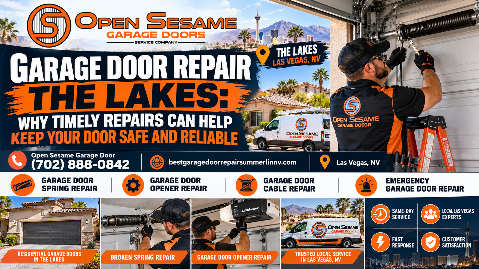Technician adjusting a garage door torsion spring at a home in The Lakes, Las Vegas, with a service van and stucco homes outside