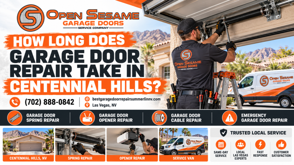 Technician adjusting a garage door torsion spring at a Centennial Hills home in northwest Las Vegas, with a service van in the driveway.