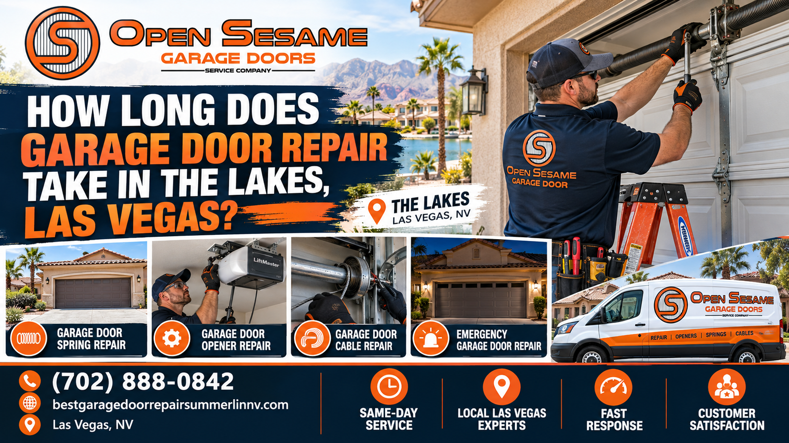 Technician replacing a garage door torsion spring at a home in The Lakes, west Las Vegas, near Lake Sahara