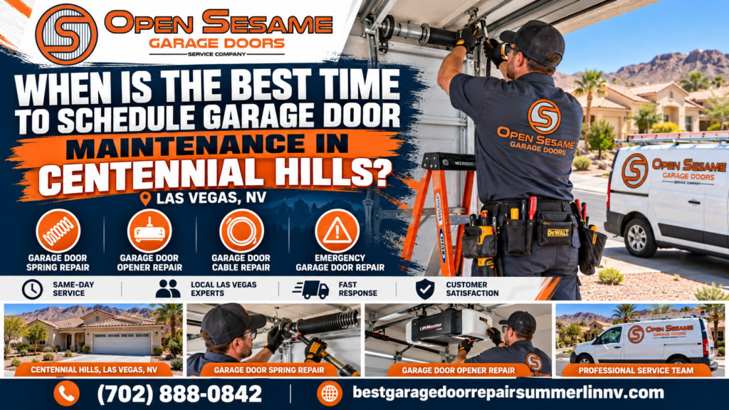 Technician servicing the torsion spring on a residential garage door in Centennial Hills, Las Vegas, with desert mountains in the background.