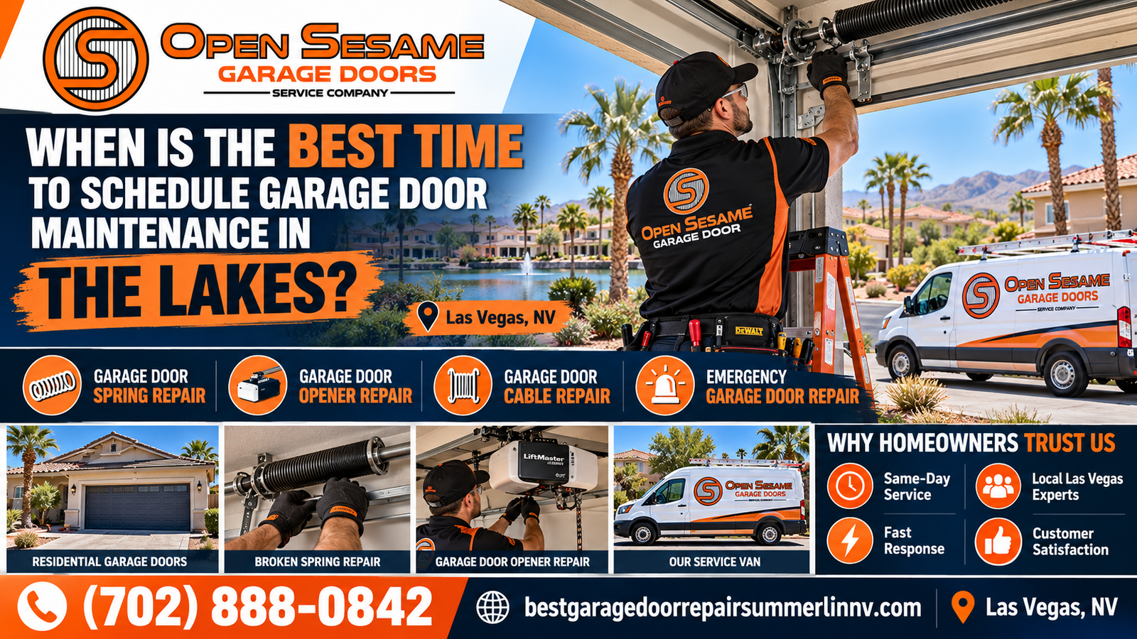 Technician servicing a garage door torsion spring at a home in The Lakes, Las Vegas, with a lake, fountain, and palm trees in the background
