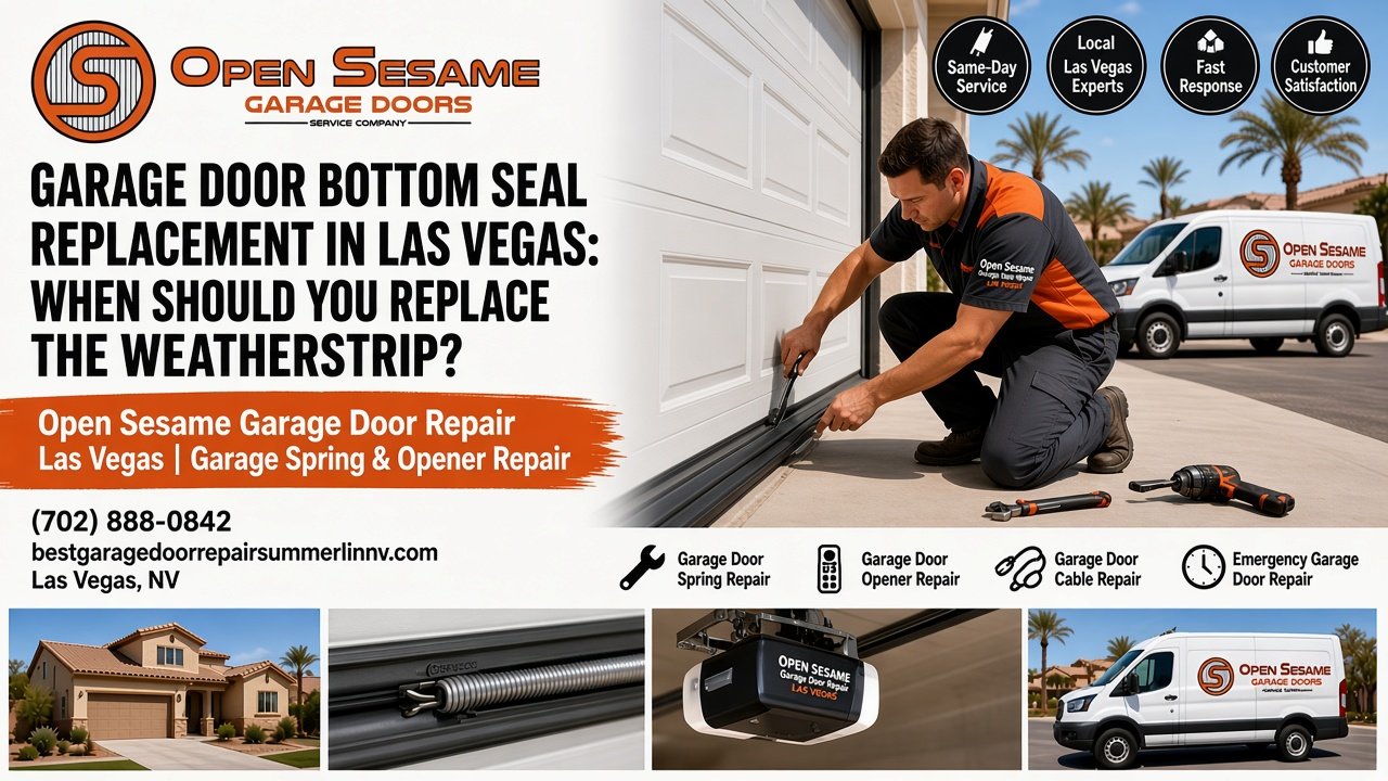 Garage door bottom seal replacement in Las Vegas: technician fitting new weatherstrip along the bottom of a residential garage door
