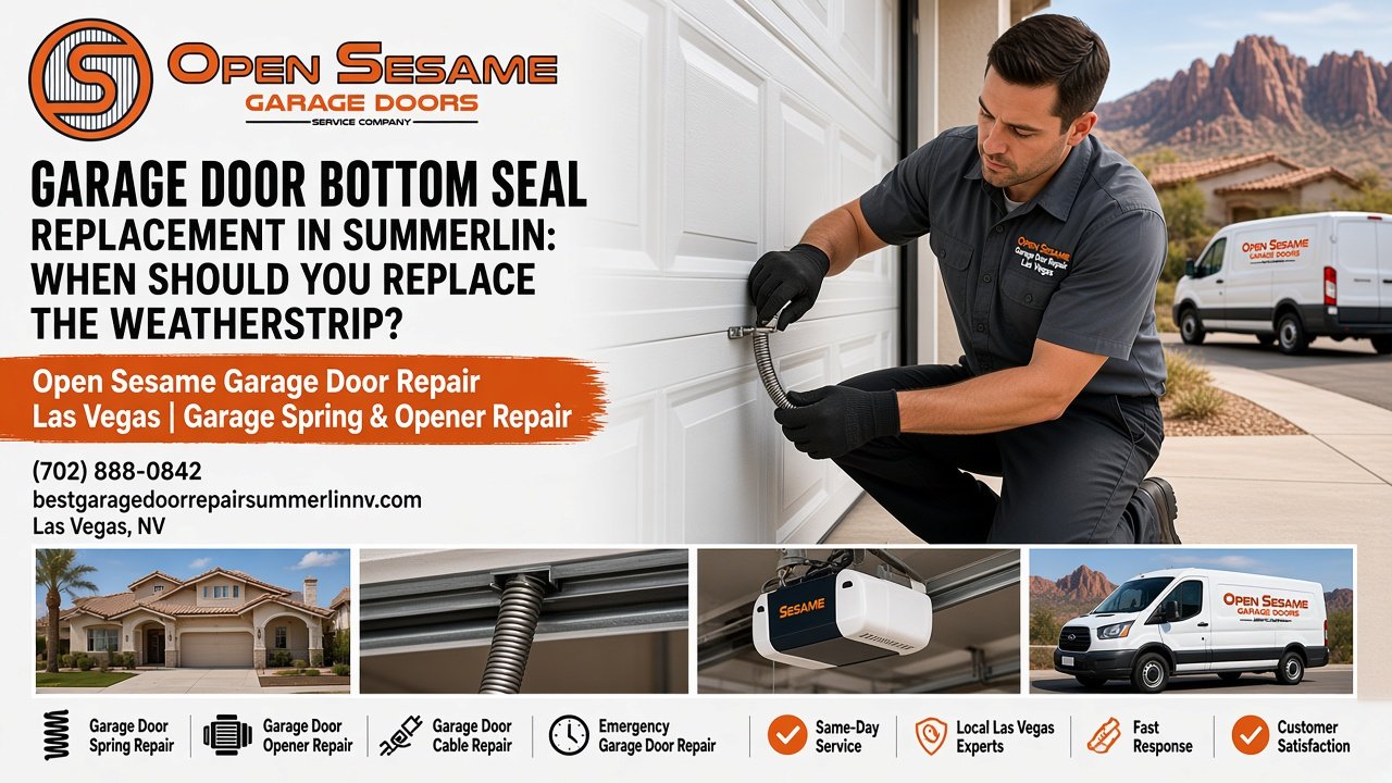 Garage door bottom seal replacement in Summerlin, Las Vegas: new weatherstrip being fitted to a garage door on a Summerlin home