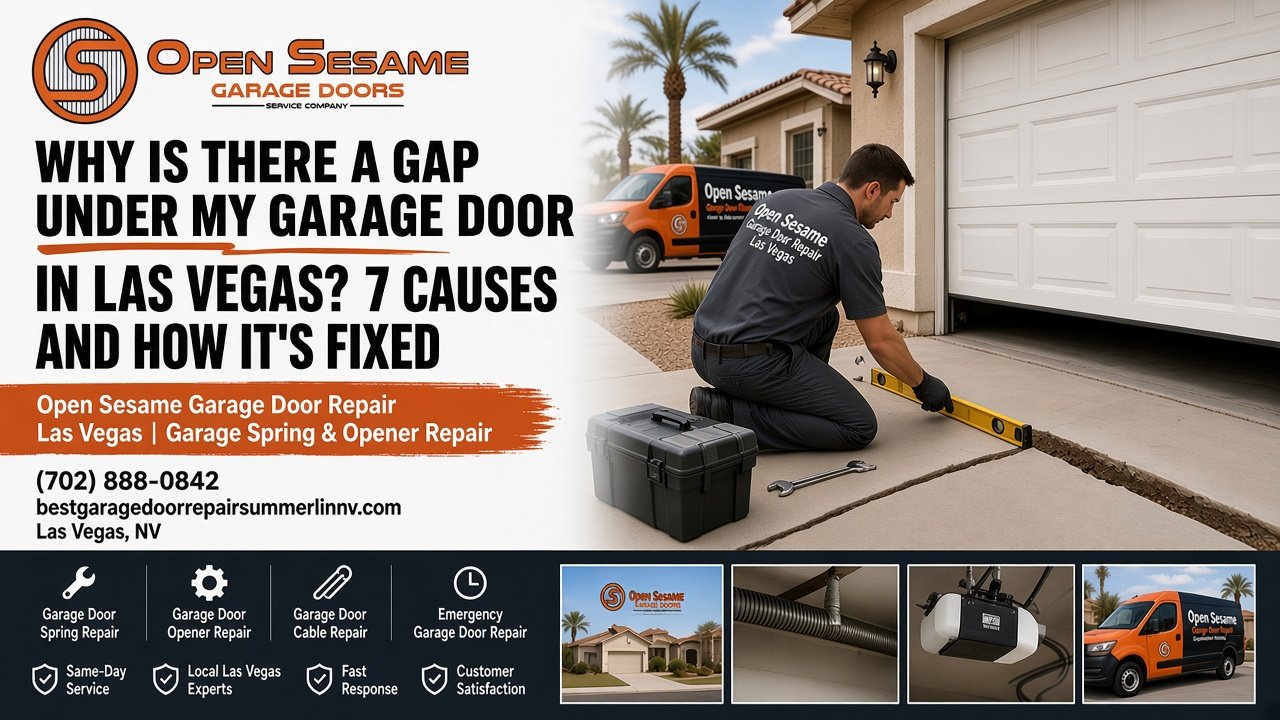 Gap under a closed residential garage door in Las Vegas showing daylight along the floor, with a technician inspecting the bottom seal and door balance