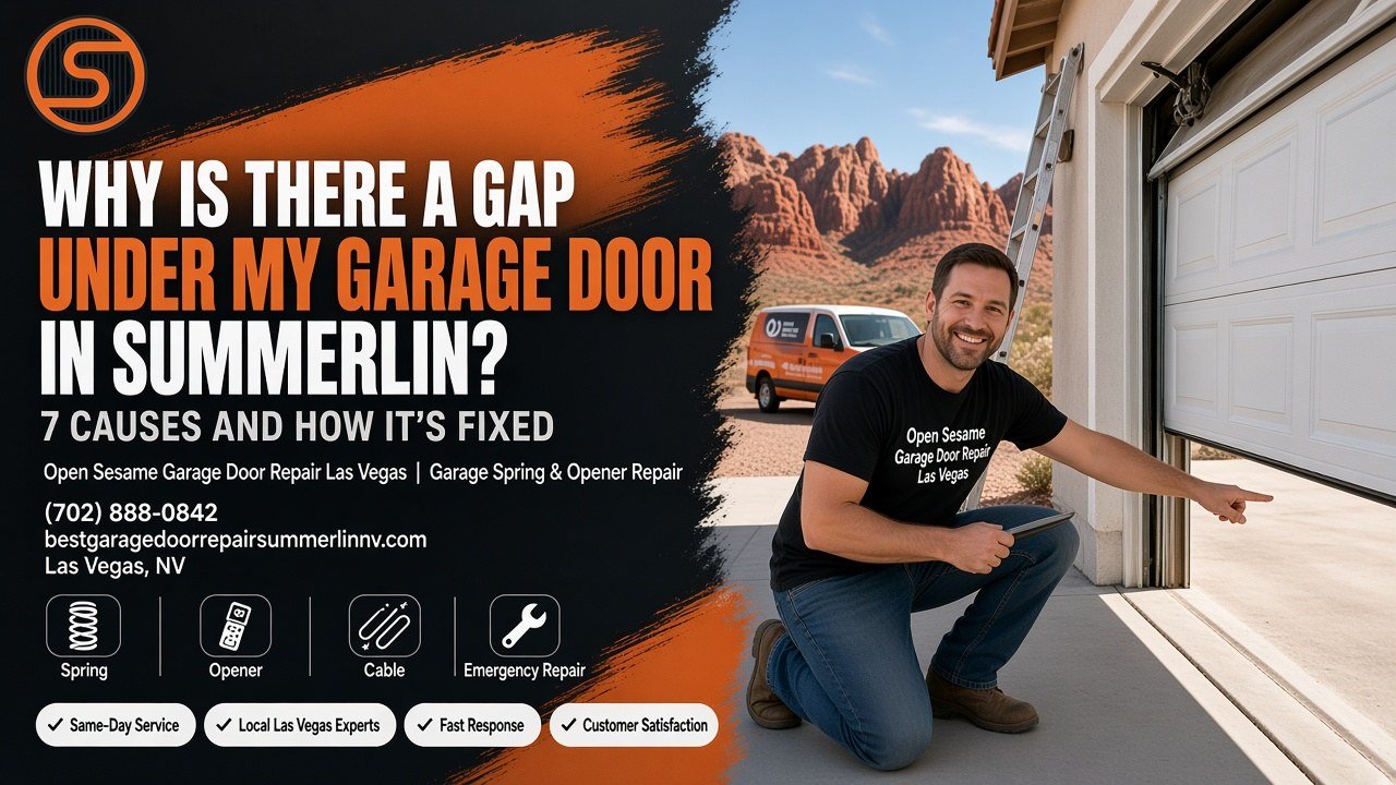 Daylight showing through a gap under a closed garage door at a Summerlin home, with a technician checking the bottom seal and door balance
