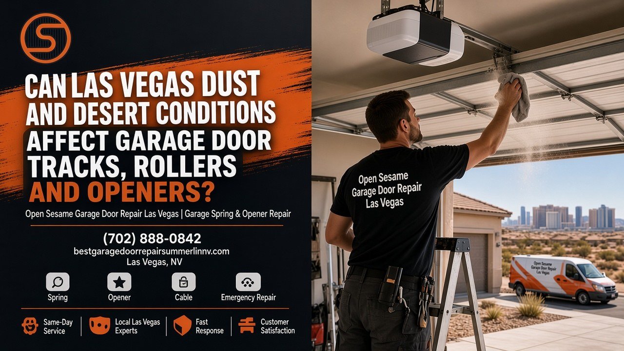 Close-up of dusty garage door track and rollers in a Las Vegas garage beside a ceiling-mounted opener, with desert dust on the hardware