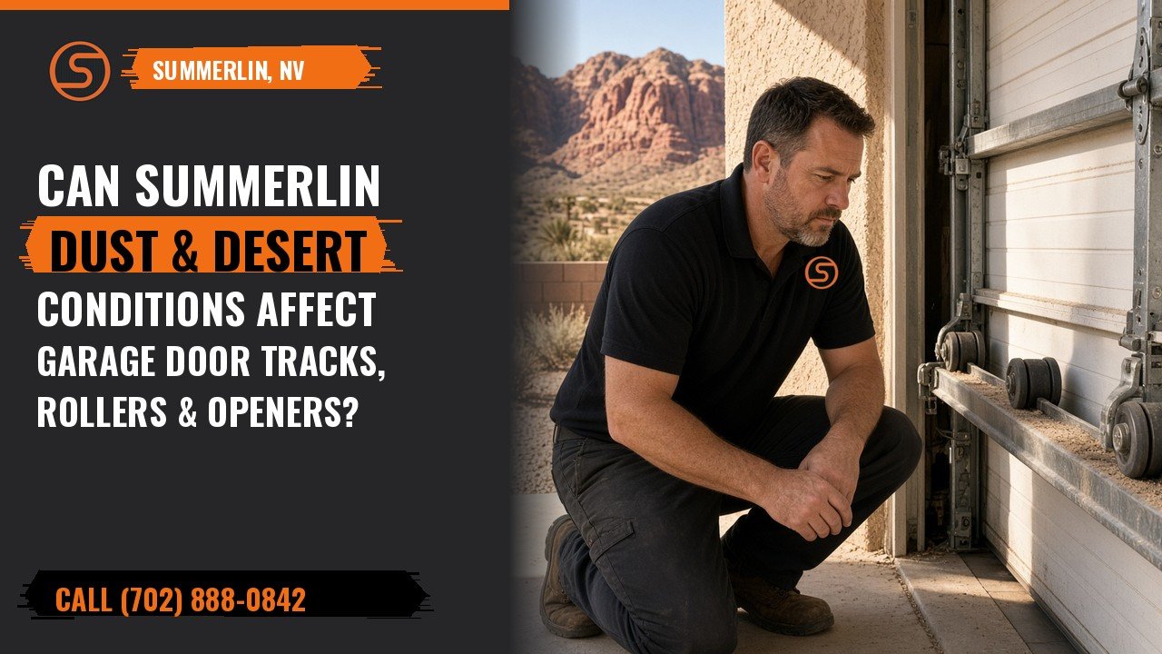 Technician inspecting dusty garage door tracks and rollers at a Summerlin home with desert mountains in the background
