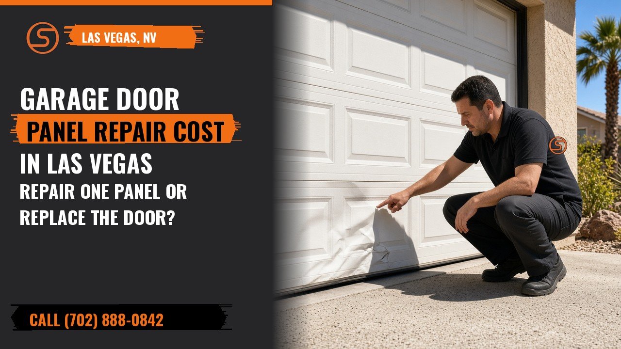 Technician inspecting a dented bottom section of a white steel garage door at a Las Vegas home