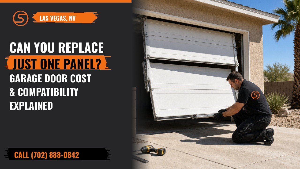 Technician fitting a new section into a white sectional garage door at a Las Vegas home