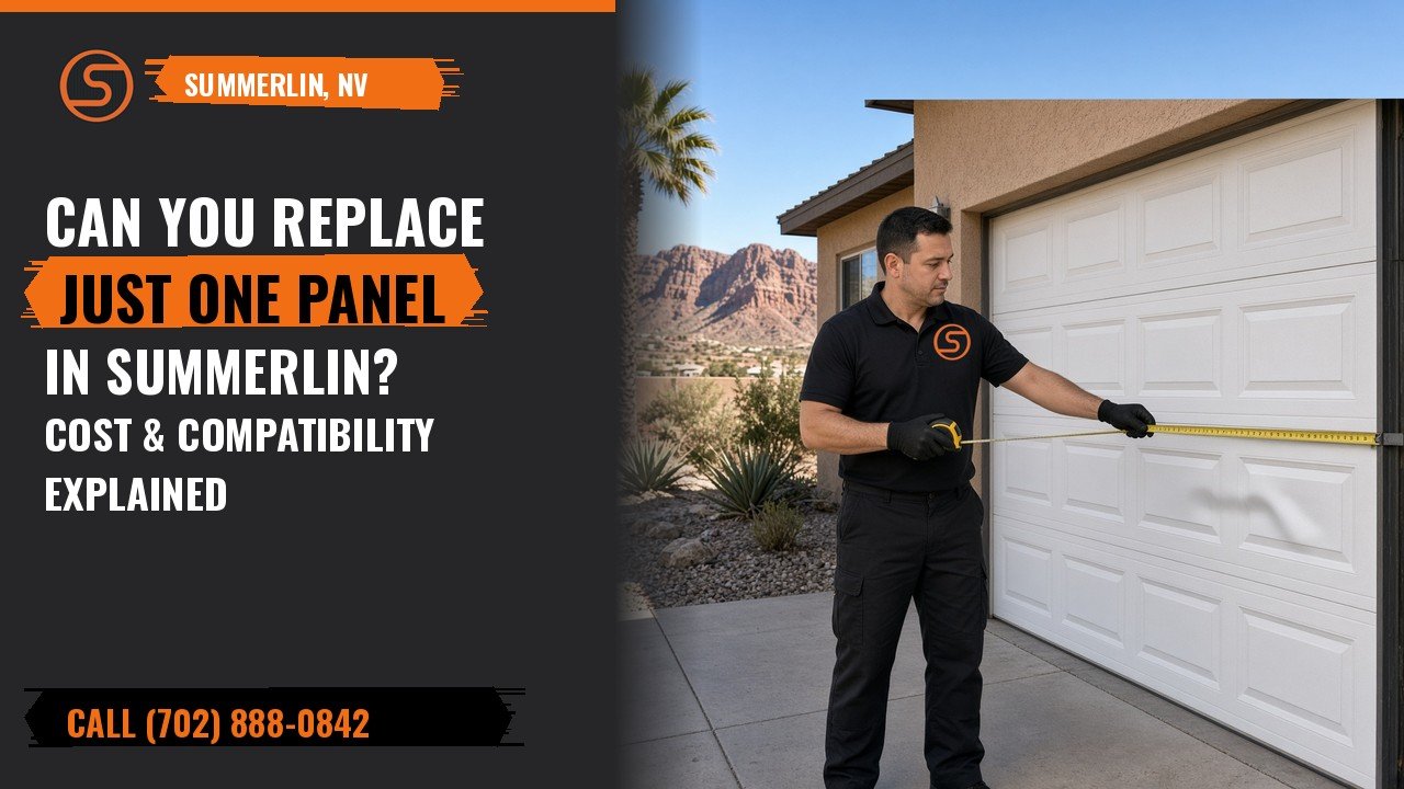 Technician measuring a white raised-panel garage door at a Summerlin home with Red Rock in the background