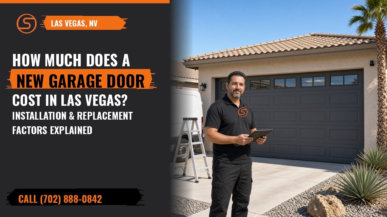 Technician with a tablet in front of a newly installed charcoal two-car garage door at a Las Vegas home
