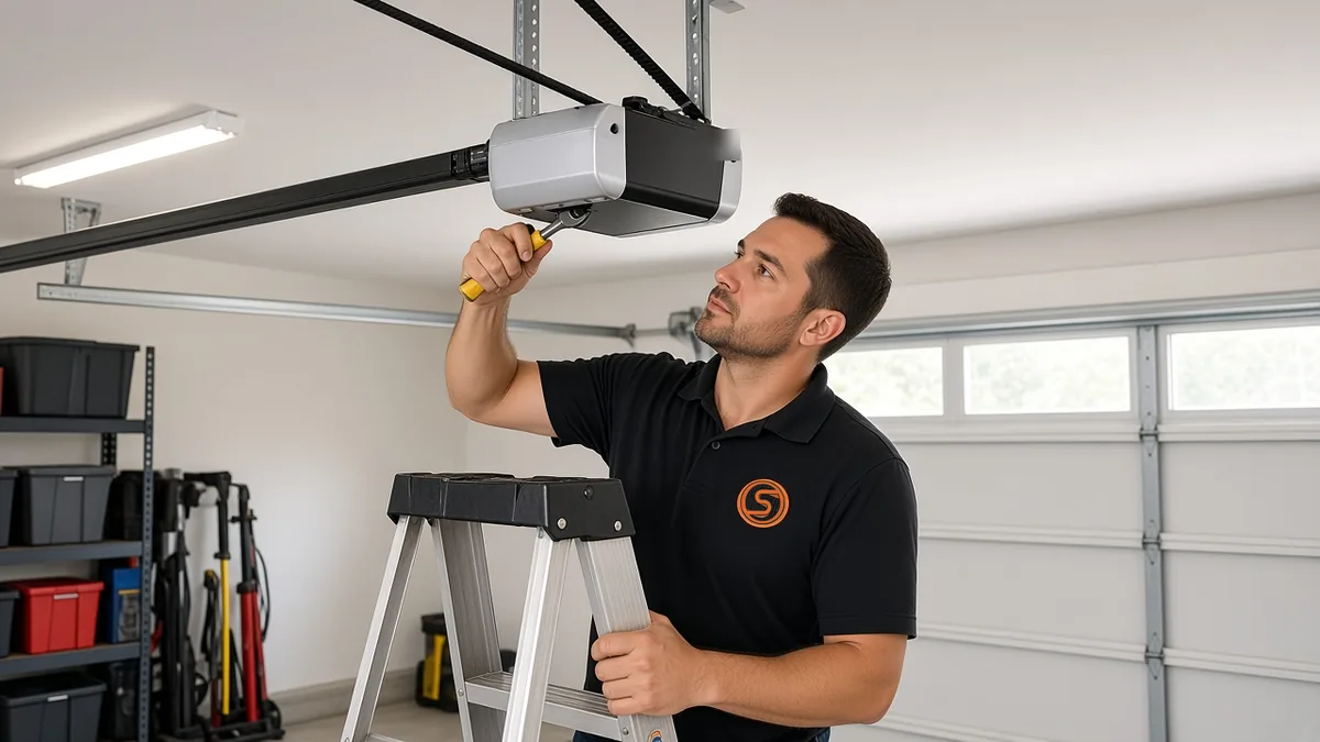 Technician installing a belt-drive garage door opener above a black aluminium and frosted glass door in a Summerlin South garage
