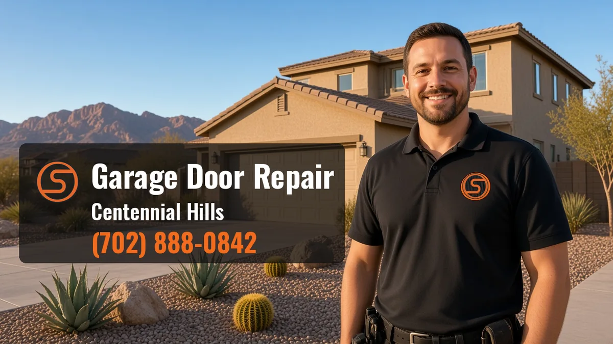Open Sesame Garage Door Repair Las Vegas technician in the driveway of a two-story stucco home with a white steel garage door in Centennial Hills