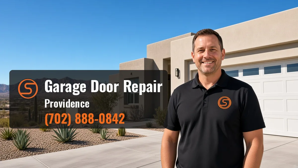 Open Sesame Garage Door Repair Las Vegas technician walking to a Spanish-style home with a sand-coloured carriage garage door in Providence