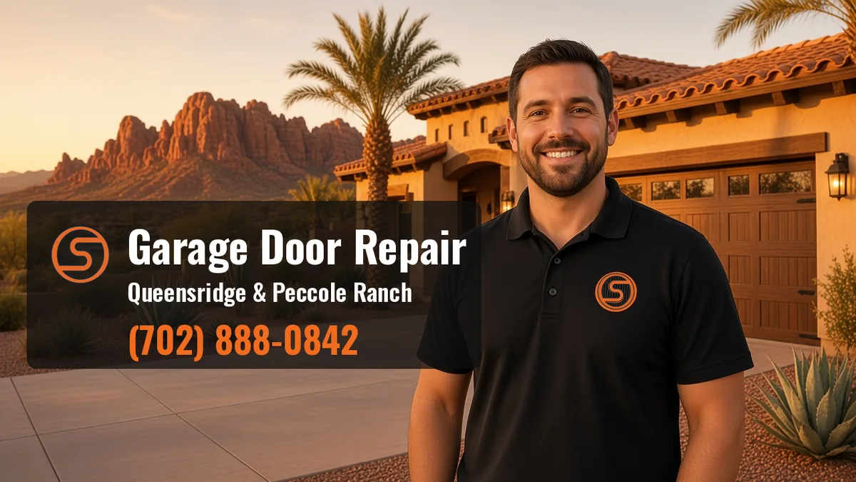 Open Sesame Garage Door Repair Las Vegas technician in front of a Tuscan-style home with a dark wood carriage garage door in Queensridge