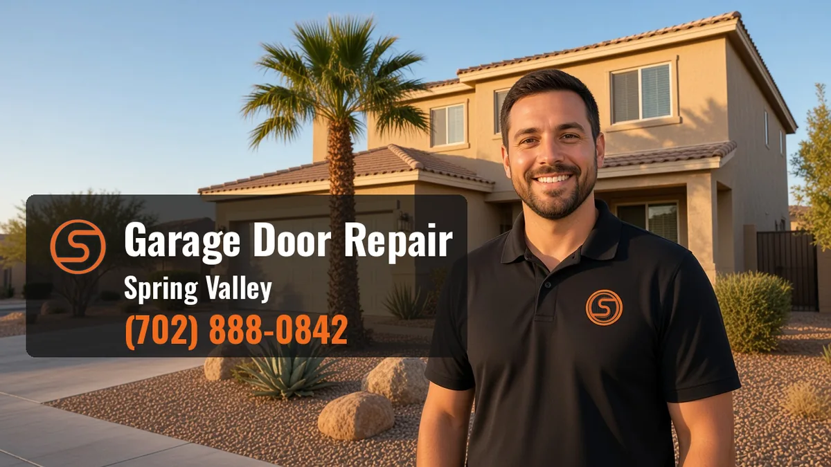 Open Sesame Garage Door Repair Las Vegas technician in front of a 1990s two-story stucco home with a tan garage door in Spring Valley