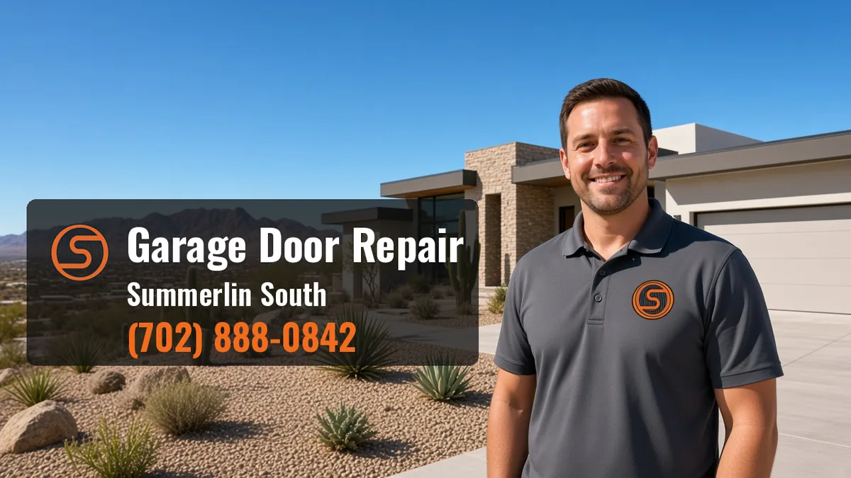 Open Sesame Garage Door Repair Las Vegas technician checking a modern charcoal garage door at a desert contemporary home in Summerlin South