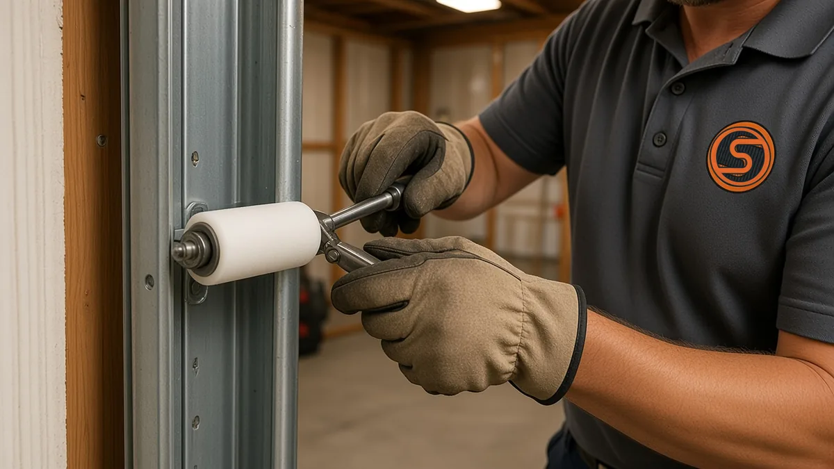 Technician servicing the rollers and track of a tan raised-panel garage door in a Spring Valley garage