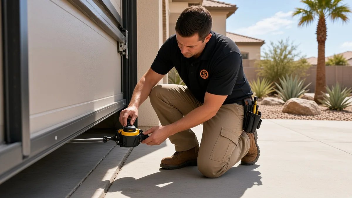 Technician aligning the photo-eye safety sensor beside a sand-coloured steel carriage garage door in northwest Las Vegas
