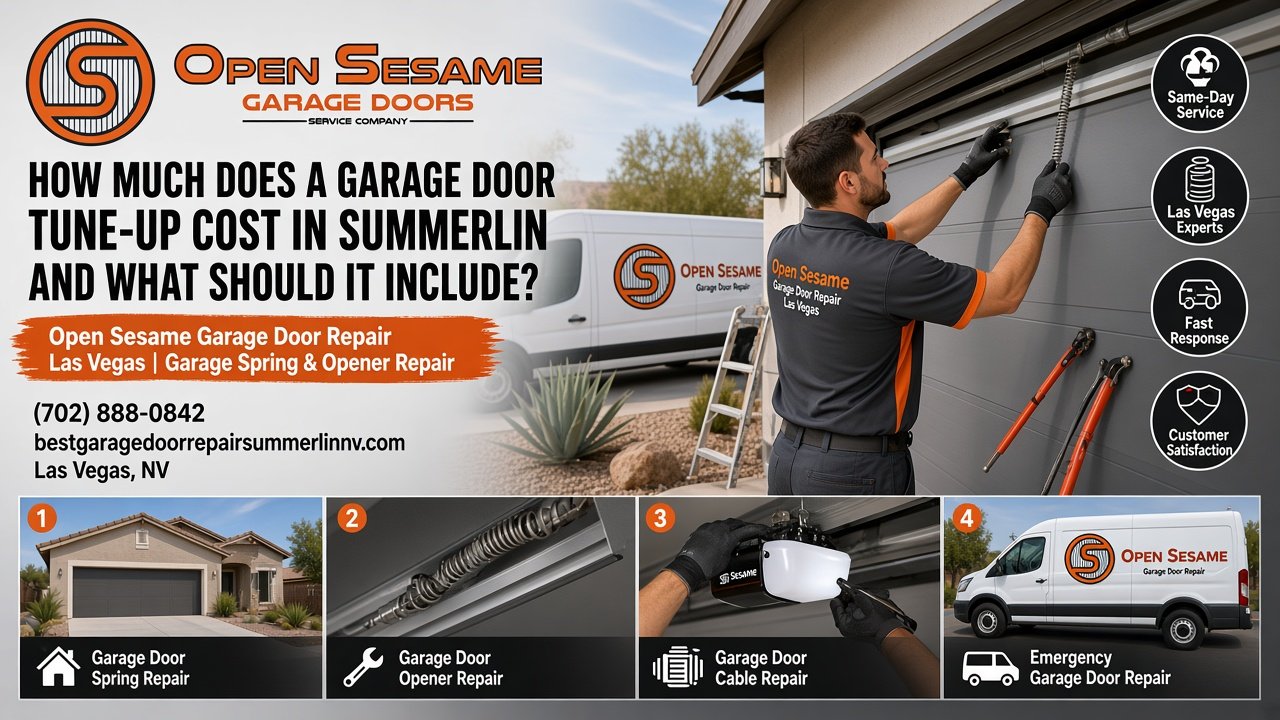 Garage door tune-up cost in Summerlin, Las Vegas: a technician checking springs, rollers, and opener settings on a residential garage door