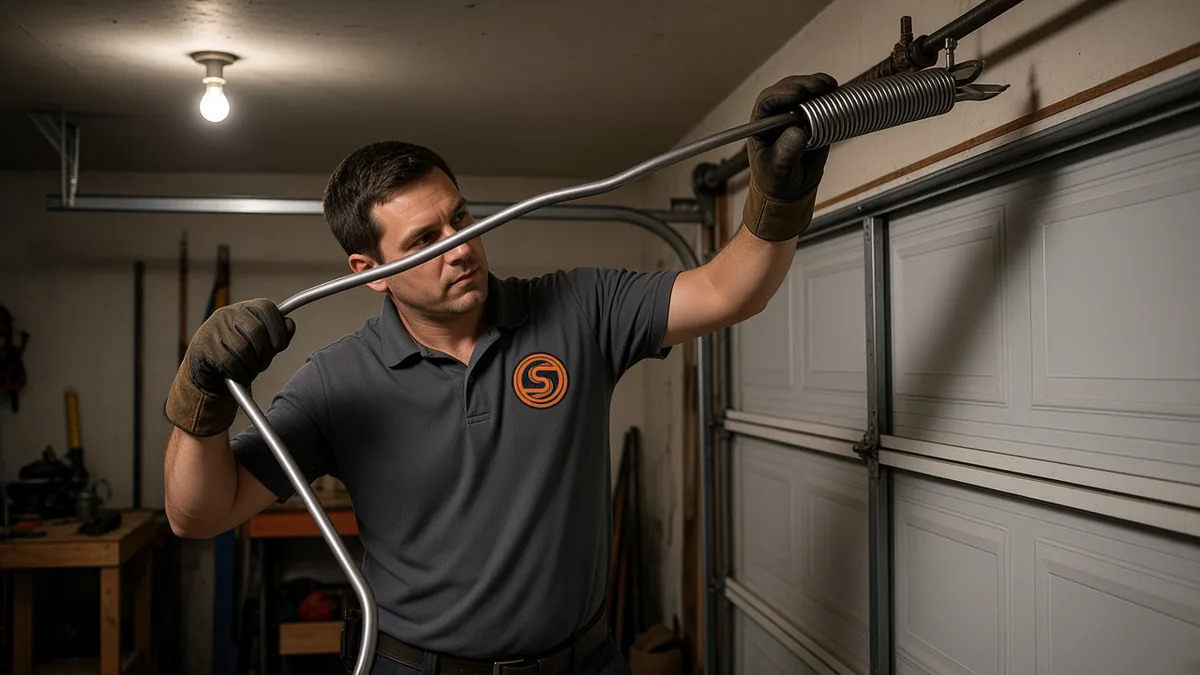 Technician using winding bars to adjust a torsion spring above a white steel garage door in a Centennial Hills garage